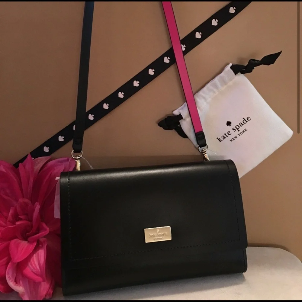 kate spade Black Leather Crossbody Bag with Pink/Black Strap